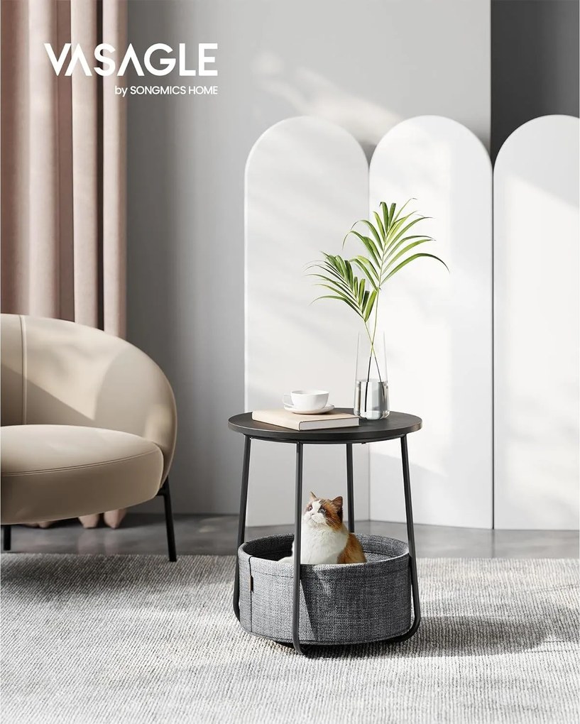 Malý okrúhly stolík, príručný stolík s látkovým košom, 45 x 50 cm (Ø x M), čierny