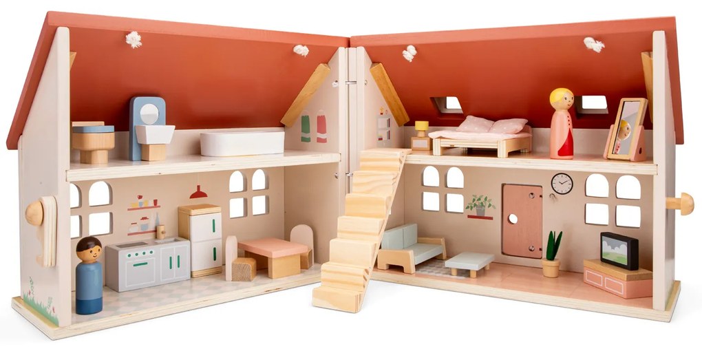 Rozkladací drevený dom pre bábiky s nábytkom
