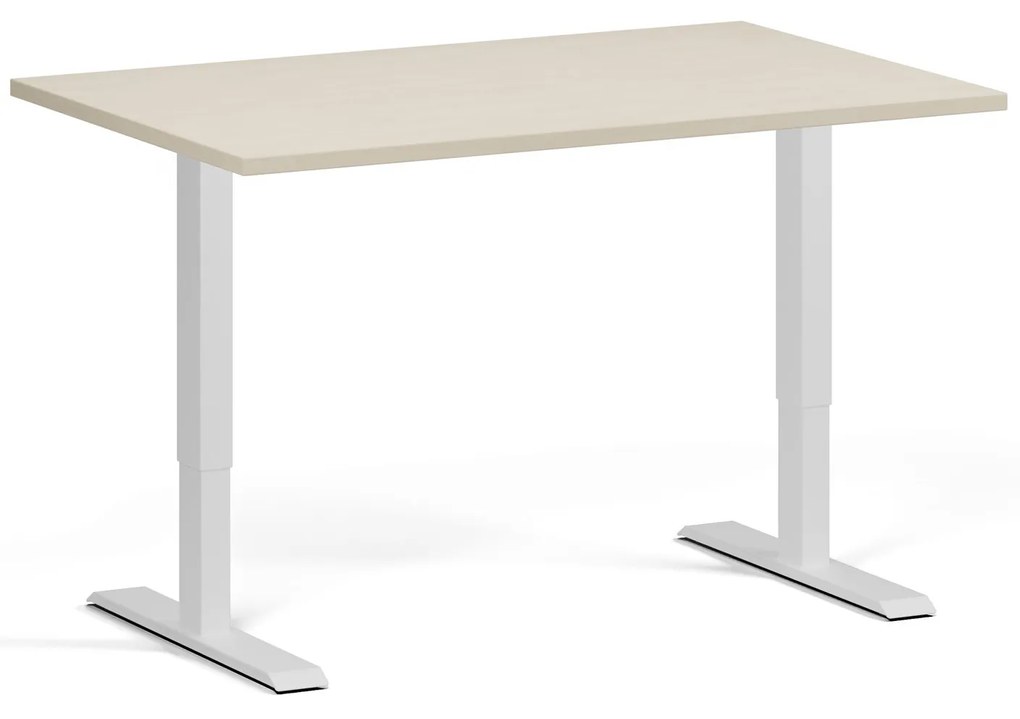 Výškovo nastaviteľný stôl, 120x80 cm, 2 motory, biela podnož, breza