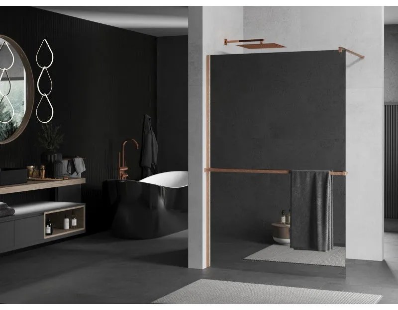 Mexen Kioto+, sprchová zástena Walk-In s poličkou a vešiakom 90 x 200 cm, 8mm sklo vzor zrkadlo, medený matný profil, 800-090-121-65-50