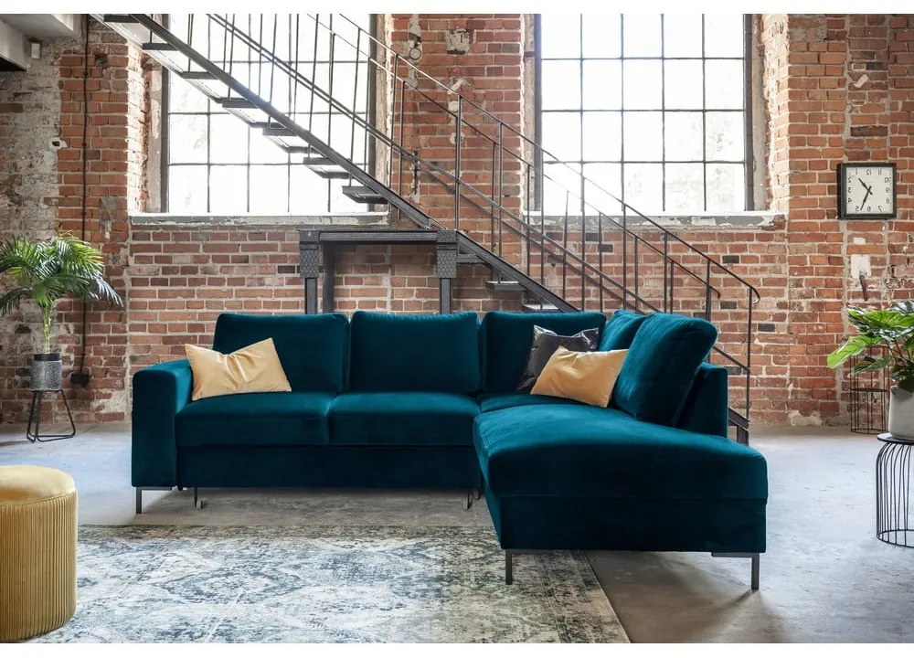 Tyrkysová zamatová rozkladacia rohová pohovka (pravý roh) Lofty Lilly – Miuform