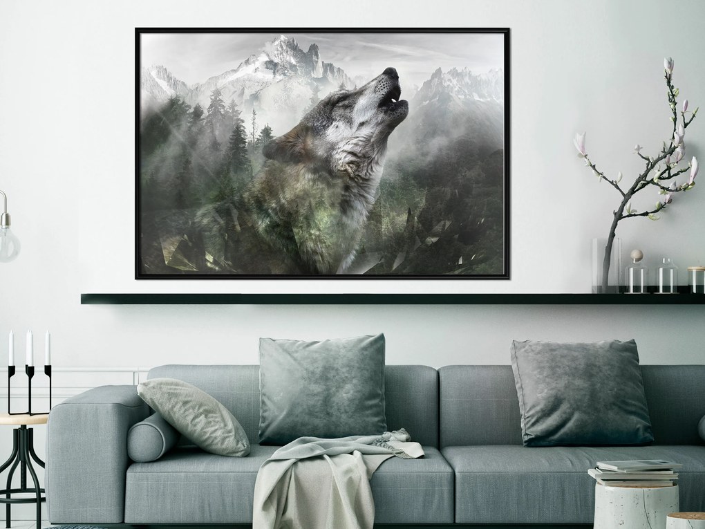 Artgeist Plagát - Howling Wolf [Poster] Veľkosť: 60x40, Verzia: Zlatý rám s passe-partout