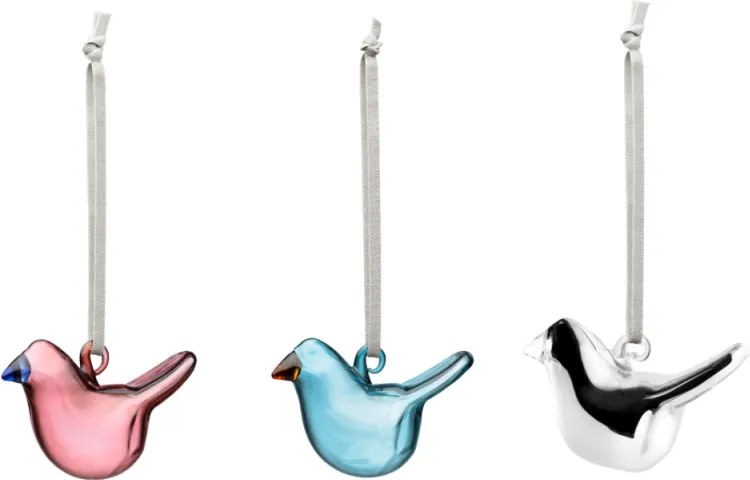 Sklenené ozdoby vtáčiky Oiva Toikka, modro-ružové / 3ks