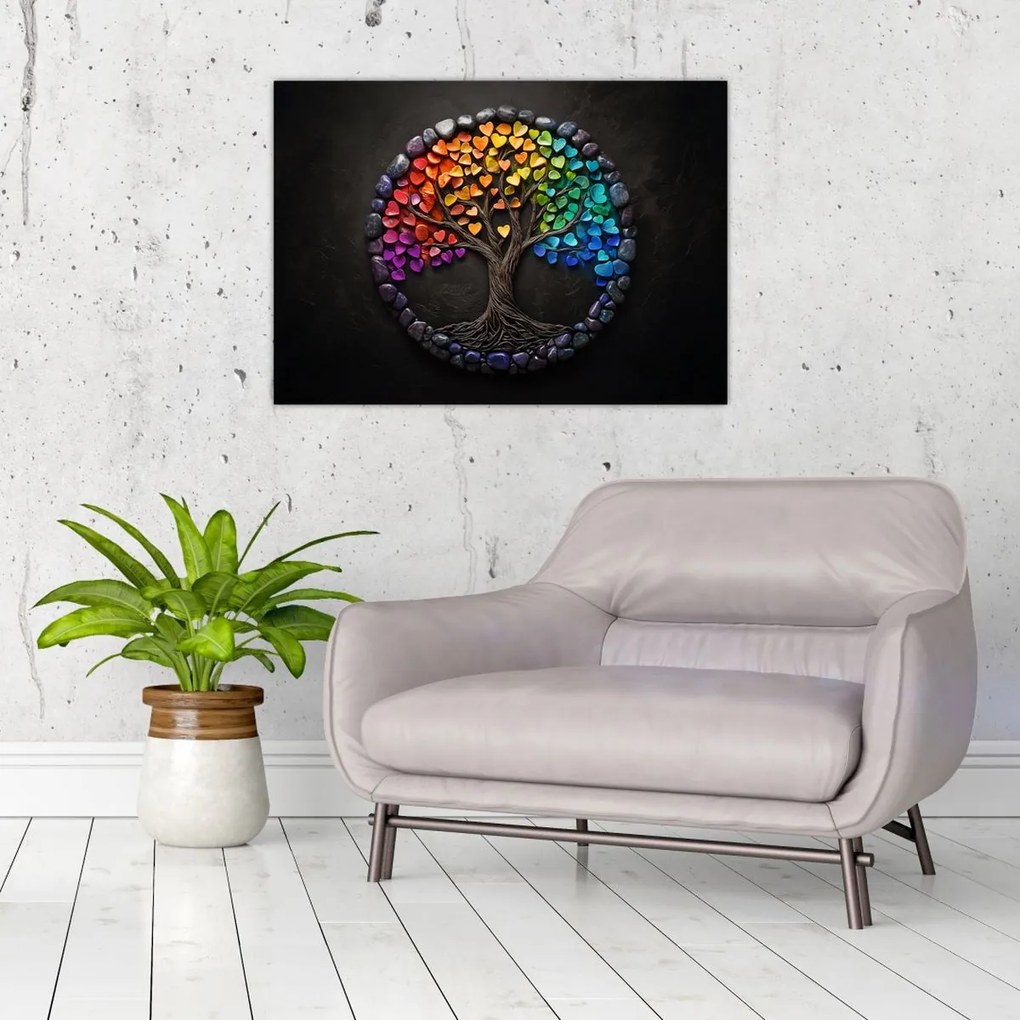 Sklenený obraz – Strom plný farebných sŕdc (70x50 cm)