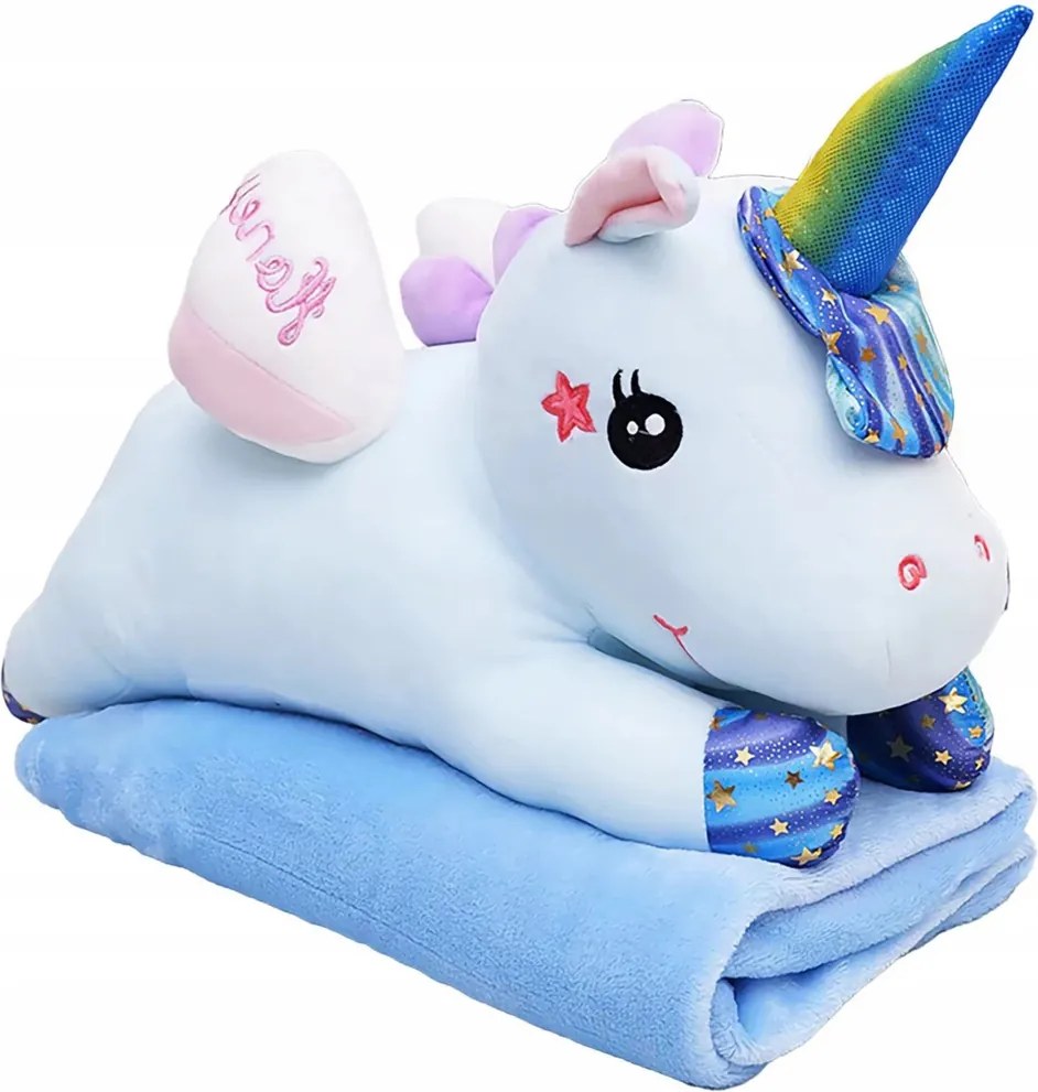 LEAN Toys Plyšový maskot jednorožec s dekou 160x110cm Modrá 55cm