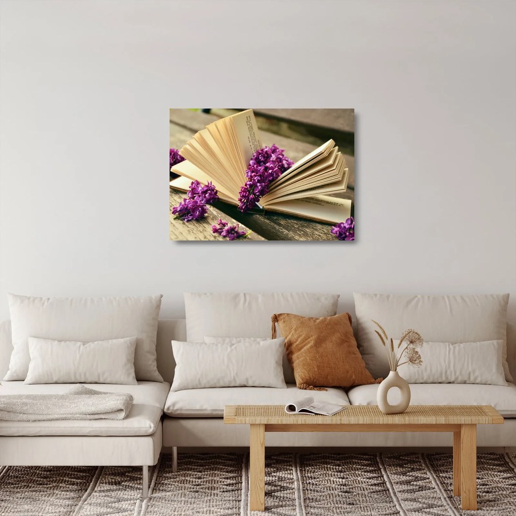 Sklenený obraz knihy a fialovej kvetiny (70x50 cm)