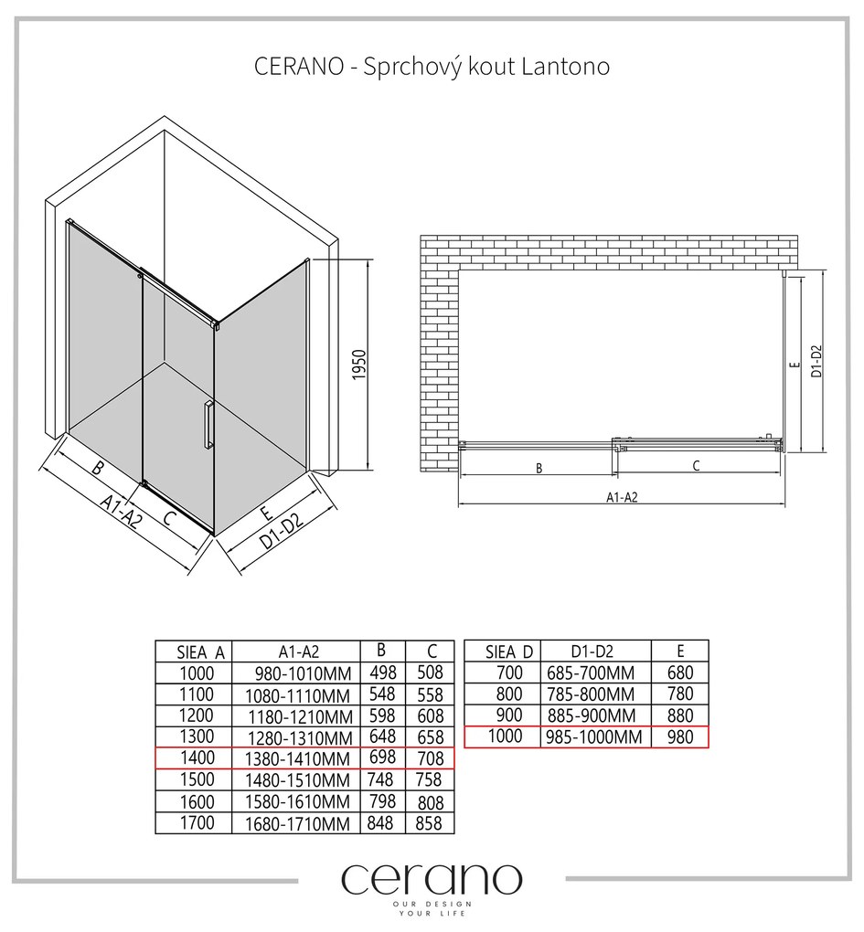 CERANO - Sprchovací kút Lantono L/P - 8 mm - čierna matná, grafitové sklo - 140x100 cm - posuvný, CER-CER-8050BD7526