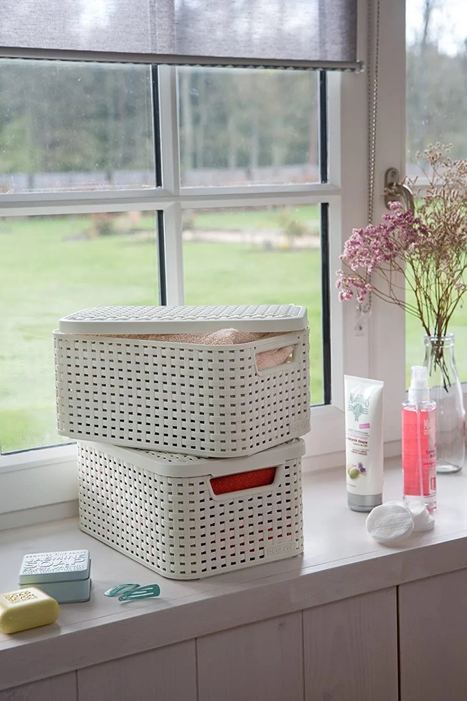 Úložný box, ratanový košík, STYLE2 Curver s vekom, krémový (39 x 29 x 20 - 18 l)