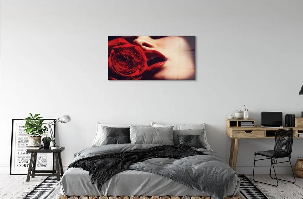 Obraz na skle Rose žena v ústach 140x70 cm