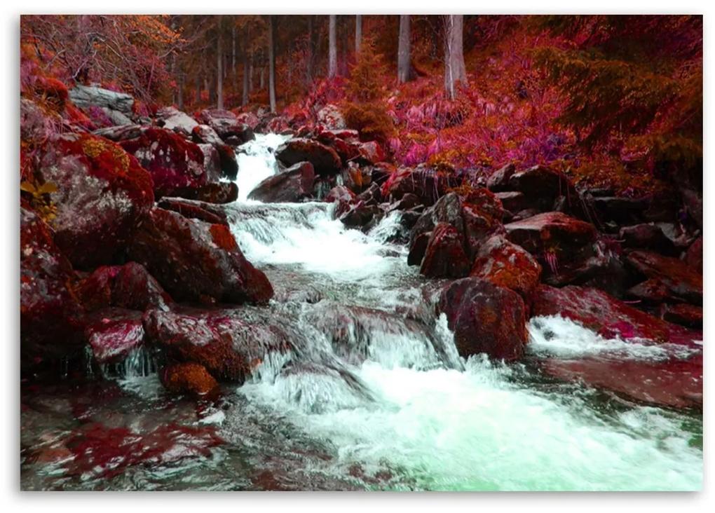 Obraz na plátně, Horský potoční les červený - 100x70 cm