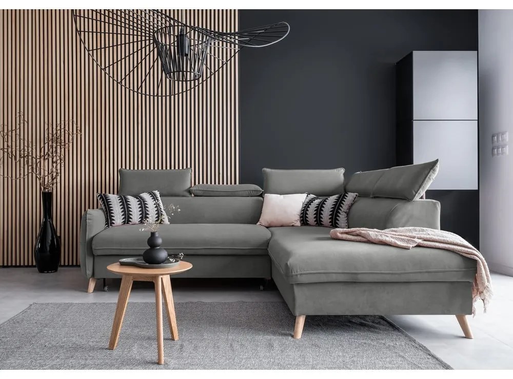 Svetlosivá zamatová rozkladacia rohová pohovka (pravý roh) Sweet Harmony – Miuform