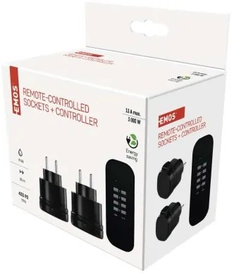P0067 EMOS 3-set - diaľkovo ovládané zásuvky 2x, diaľkový ovládač 1x, vrátane batérie 1×3V CR2032, IP44, čierna
