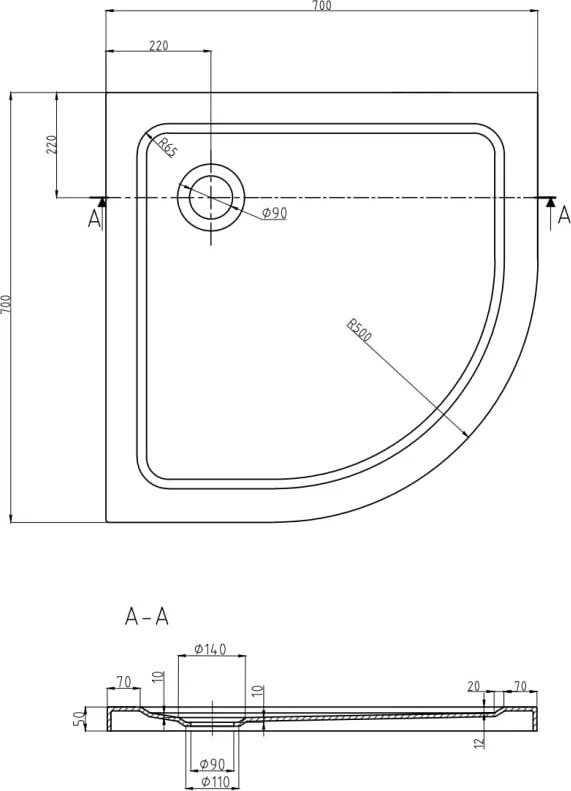 Mexen Flat polkruhový sprchový kút slim 70 x 70 cm, biely, chrómový sifón - 41107070