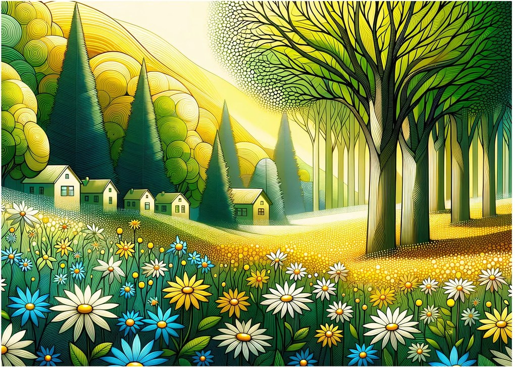 Sklenený obraz - Dedina v žlto-zelenej (70x50 cm)