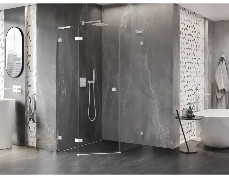 Mexen Lunar, L päťuholníkový sprchový kút naklápací doľava 90 x 100 cm, 8mm číre sklo, biely profil, 831L-090L-100P-20-00-L