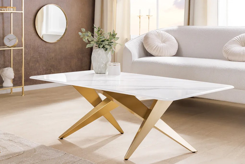 Konferenčný stolík ART LIVING 130 cm s keramickou doskou z bieleho mramoru a rámom v šampansko-zlatej farbe