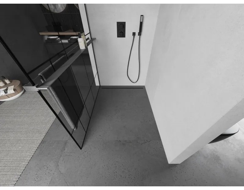 Mexen Kioto+, sprchová zástena Walk-In s poličkou a vešiakom 70 x 200 cm, 8mm číre sklo čierny vzor, grafitový profil, 800-070-121-66-78