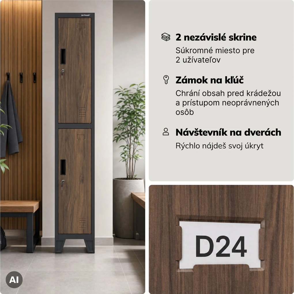 Šatníková skrinka kovová pracovná hlboká 2-dverová antracit/orech, 292x1720x600 mm: BARTEK 1 Plus D600 Eco Design