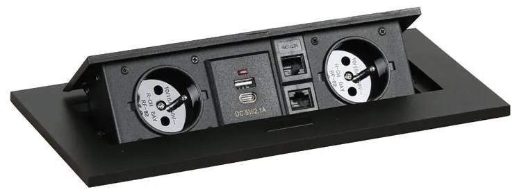 Rokovací stôl PRIMO INVITATION, 200x100 cm, grafit + stolná zásuvka TYP II, čierna