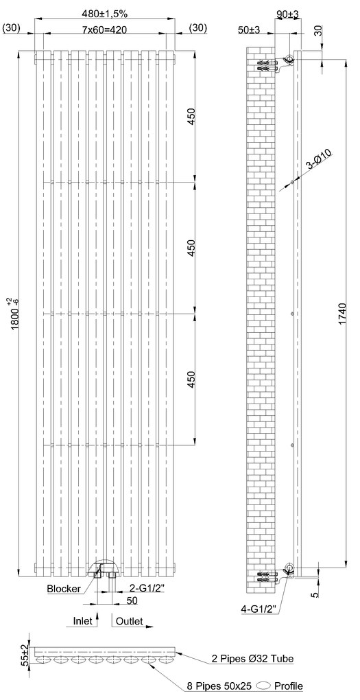 Invena Mono, vykurovacie teleso 1800x480mm, 757W, 1x8 rebier, čierna matná, INV-UG-10-C18-A