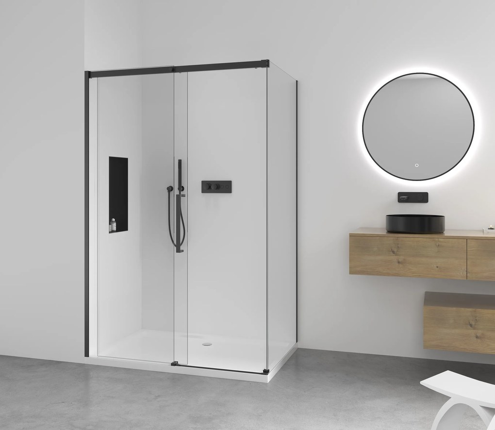 Cerano Lantono, sprchovací kút s posuvnými dverami 100(dvere) x 80(stena) x 195 cm, 8mm číre sklo, čierny profil, CER-CER-432950