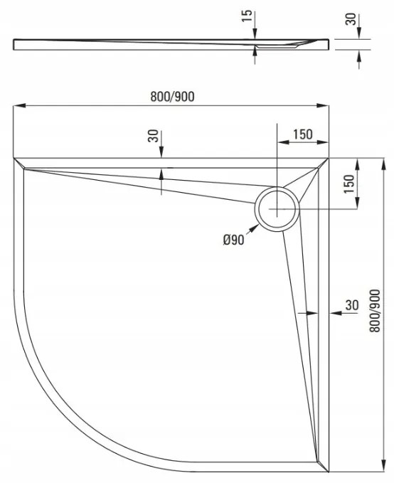 Deante Kerria Plus, štvrťkruhová akrylátová sprchová vanička 80x80x3 cm, hĺbka 1,5cm, technológia Solid, biela, KTS_054B