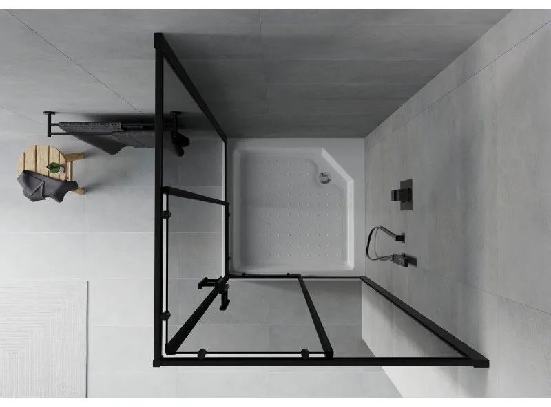 Mexen Rio, štvorcový sprchovací kút s posuvnými dverami 90(dvere) x 90(dvere) x 190 cm, 6mm šedé sklo, čierny profil + biela sprchová vanička RIO, 860-090-090-70-40-4510