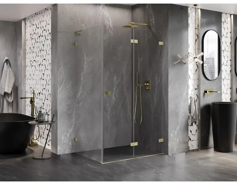 Mexen Lunar-F L, 1-krídlový sprchový kút so skladacími dverami, pravý, 95 x 90 cm, 8mm číre sklo, zlatý matný profil, 836L-095-090-55-00-P