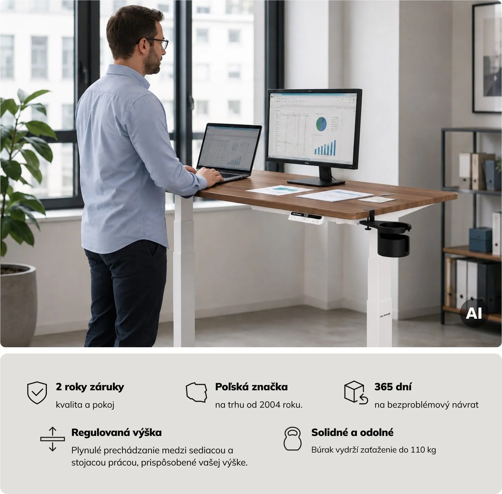 Elektrický stôl s nastaviteľnou výškou ergonomický biely/orech,1200x600 mm: ARIA