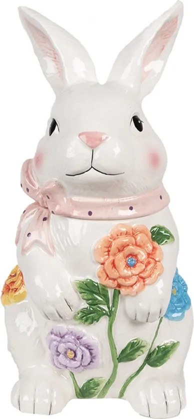 Biela keramická úložná nádoba králik s kvetmi - 16*15*29 cm