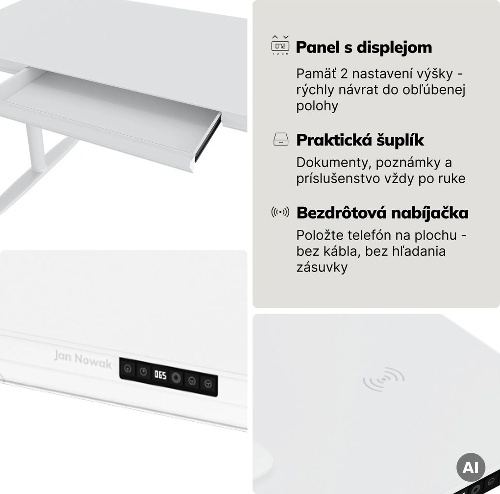 Elektrický písací stôl sit-stand so zásuvkou a bezdrôtovou nabíjačkou Qi biely, 1600 mm: ELLIS
