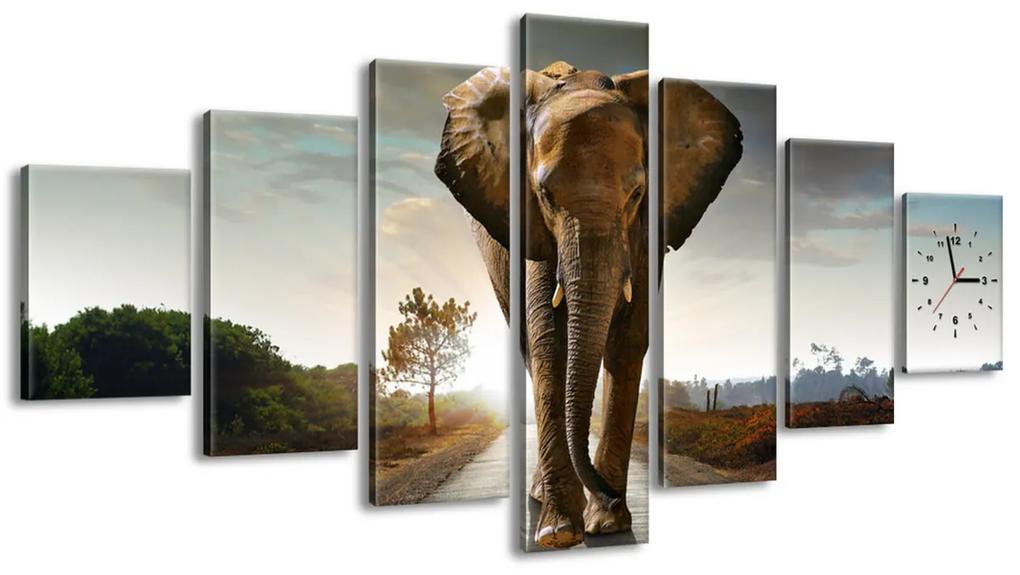 Gario Obraz s hodinami Osamelý silný slon - 7 dielny Rozmery: 160 x 70 cm