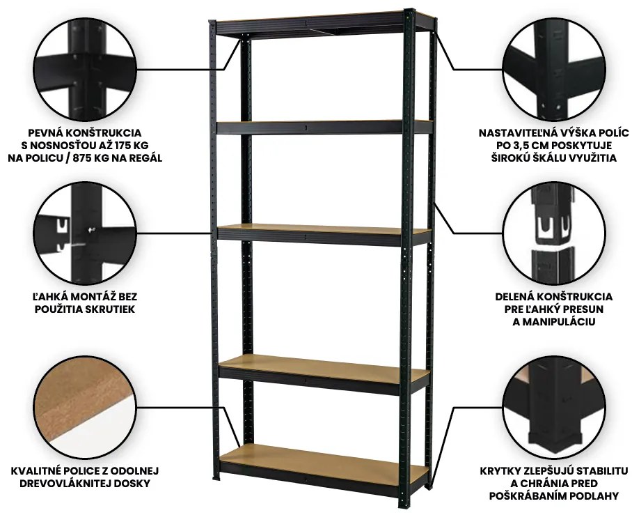 Fistar Regál 1800x900x300 mm lakovaný 5-policový, nosnosť 875 kg - ČIERNY