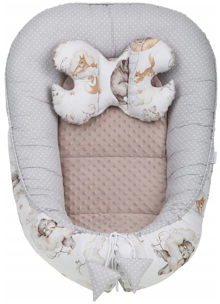 Obojstranné hniezdočko (kokon) pre bábätko - BABYMAM PREMIUM set 7v1 - Medvieďatá s béžovou minky