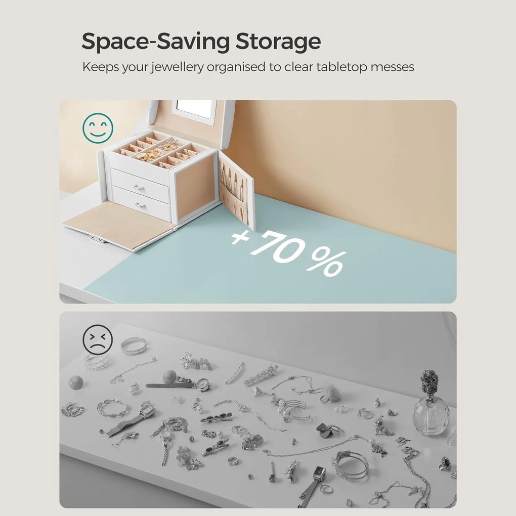 Šperkovnica, 3-úrovňová s 2 zásuvkami a s cestovným puzdrom, biela