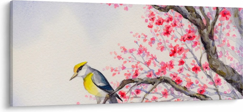 Obraz - Vtáčik na strome s červenými kvetmi (120x50 cm)