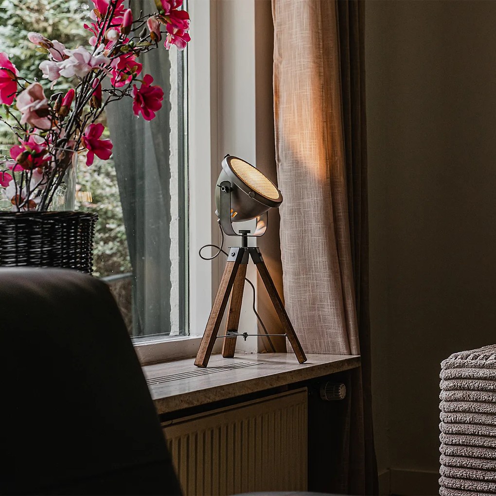 Priemyselná stolná lampa trojnožka oceľ s dreveným sklonom - Emado
