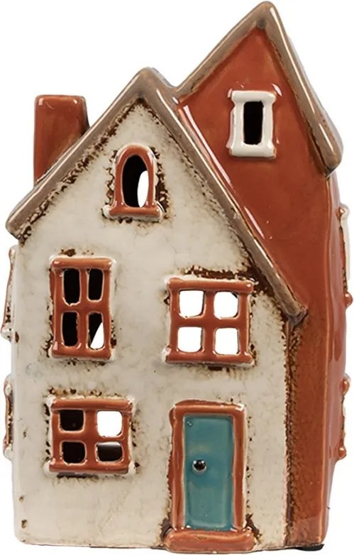 Béžovo-hnedý keramický svietnik na čajovú sviečku domček Amster Village - 13*8*20 cm