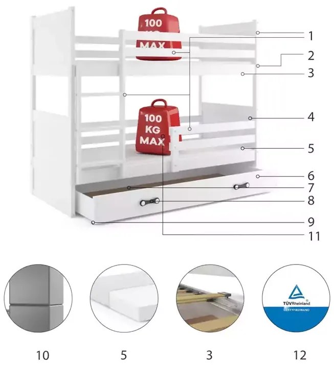 Poschodová detská posteľ RICO WHITE 90x200 cm - VIAC FARIEB
