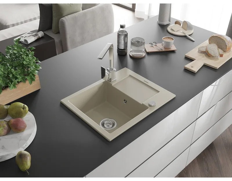 Mexen Enzo, granitový drez 576x465x174 mm, 1-komorový, chrómová batéria Rita, béžová, 6506-69-670300-00