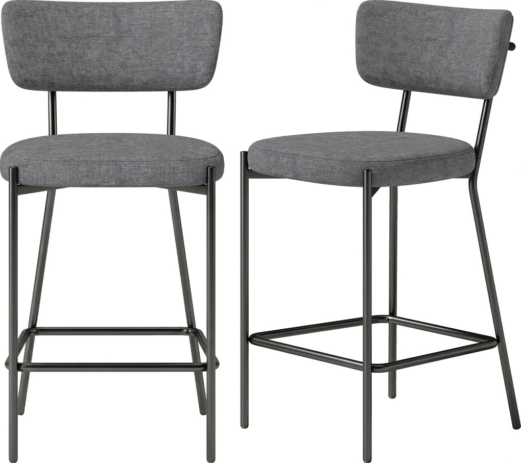 HOMCOM 2-Piece Bar Stool Set — Upholstered Curved-Back Counter Stools with Footrest, Metal Frame, Linen-Look, 25" Seat Height, Gray | Aosom