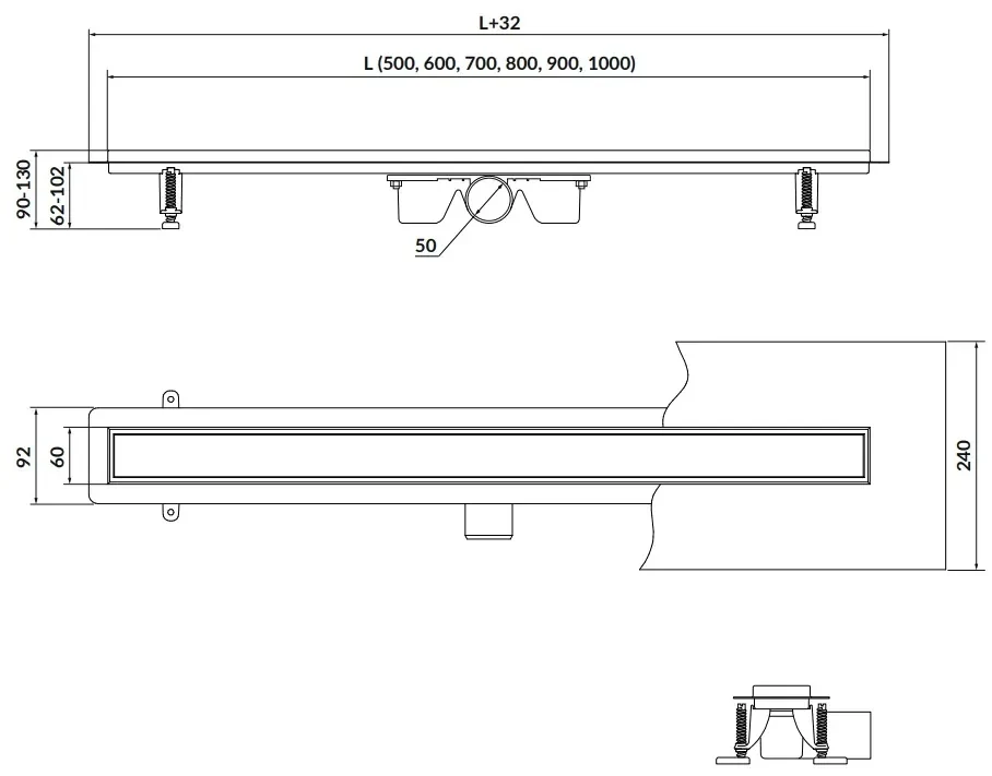 Cersanit Tako, lineárny odtokový žľab s obojstranným roštom 60cm, čierna, S907-017