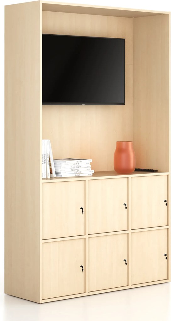 Kancelárska skriňa FRAME, 6x dvere, priestor pre TV, 1299 x 450 x 2162 mm, cylindrický zámok, breza