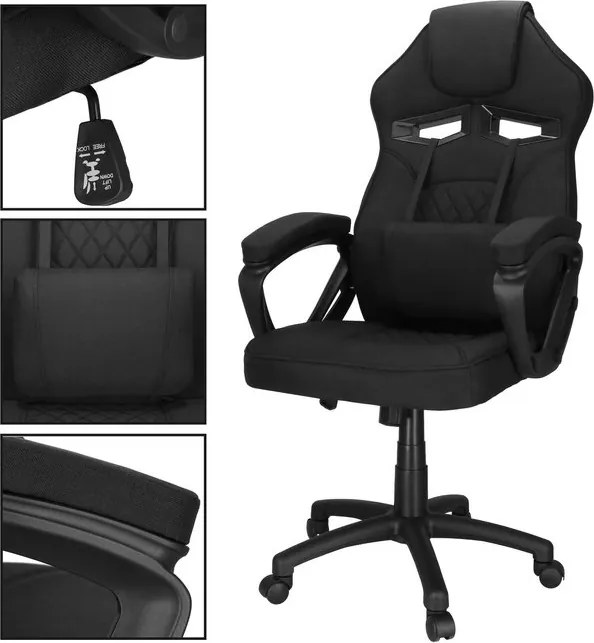 Herná stolička Springos – kancelárska stolička s nastaviteľnou výškou, hojdacou funkciou a bedrovou opierkou, čierna HF0036