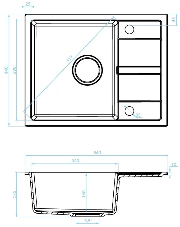 Kuchinox Viti, 1-komorový granitový drez 560x440x175 mm + sifón, čierna škvrnitá, LAV-SBX_713Y