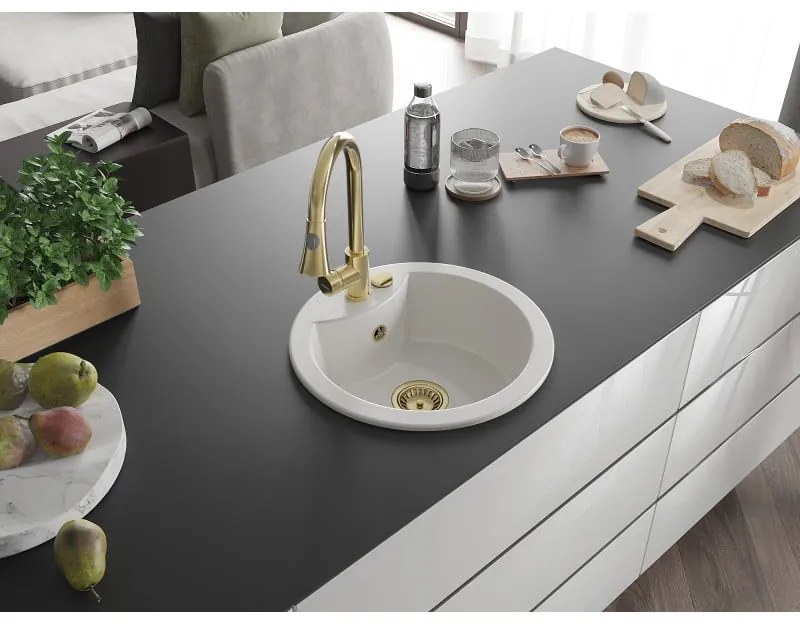 Mexen Diego, 1-komorový granitový drez 488x488x167 mm a drezová batéria Elia, biela, 6512-20-670101-50