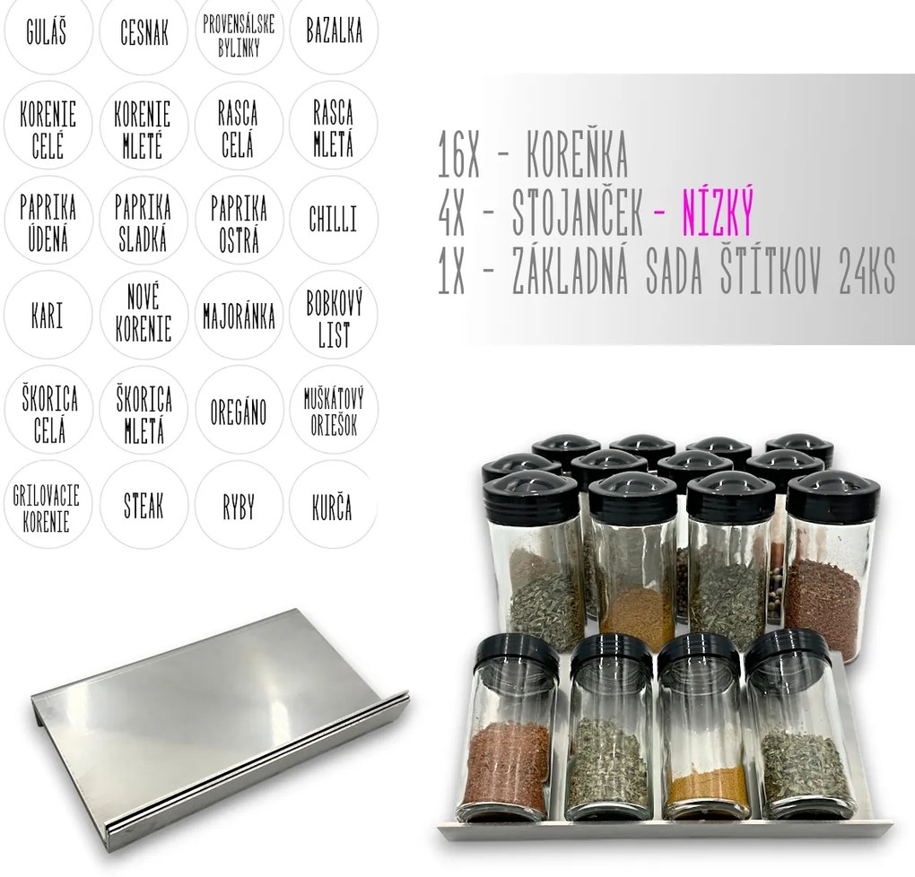 Orion Sada 16ks koreničiek BLACK 80ml + 4ks nerezový organizér na koreničky VASKY - NEREZ (nízky) + sada 24ks štítkov