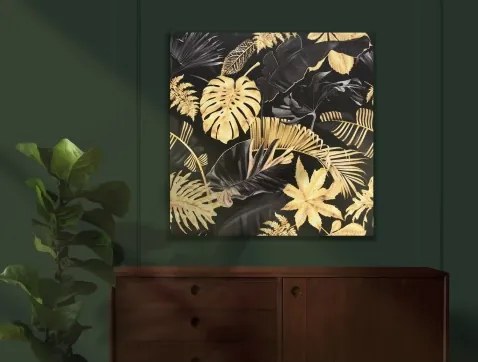 Obraz na plátne Čiernozlaté tropické listy, 80x80 cm%
