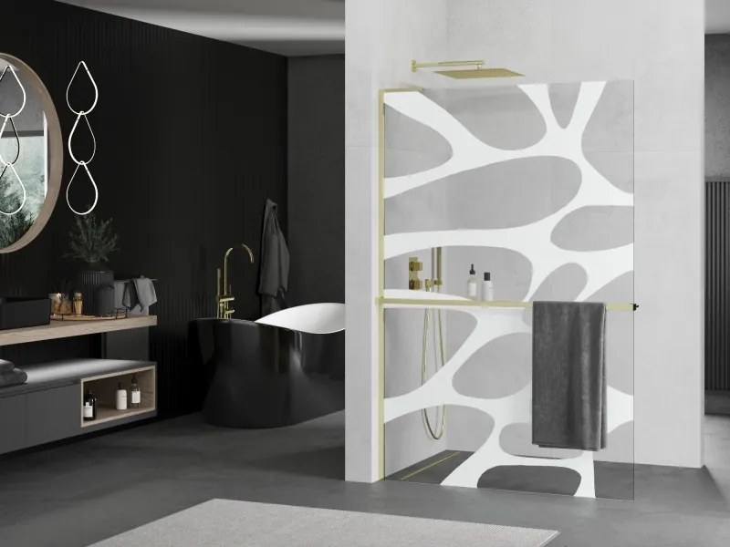 Mexen Kioto+ L, sprchová zástena Walk-In s poličkou a vešiakom 80 x 200 cm, 8mm číre sklo biely vzor, zlatý lesklý profil,800-080-123-50-97