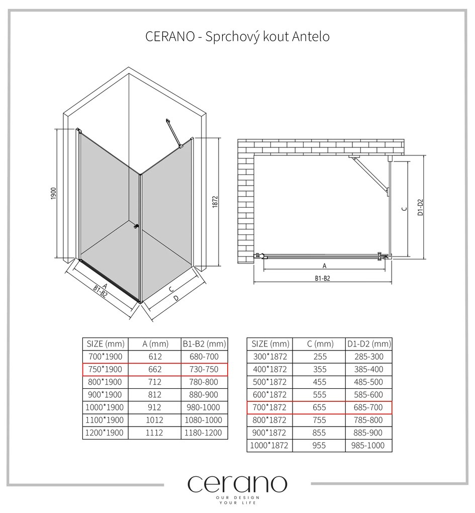 CERANO - Sprchovací kút Antelo L/P - 6 mm - čierna matná, transparentné sklo - 75x70 cm - krídlový, CER-CER-8050BD7500